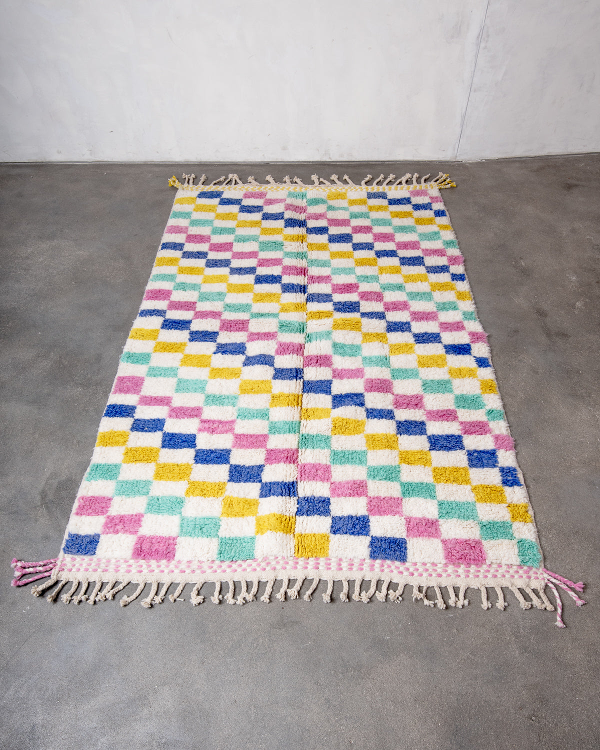 Modern, designer, handcrafted Berber rug from Morocco. Beniourain carpet with beautiful colours and patterns and fluffy wool texture.